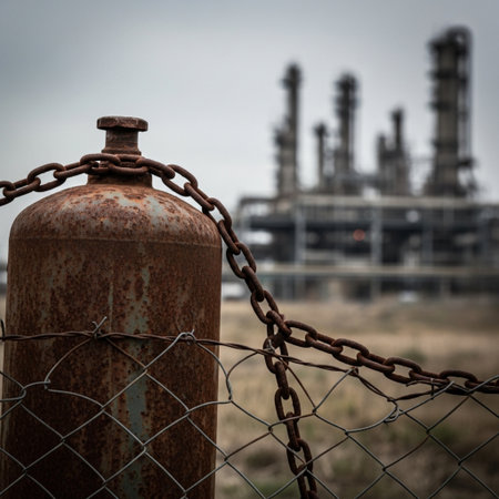 Side profile cinematic shot showing an abandoned, empty industrial gas canister, secured tightly byの素材