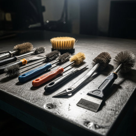 A detailed, low-angle cinematic capture of an essential collection of specialized tools required forの素材