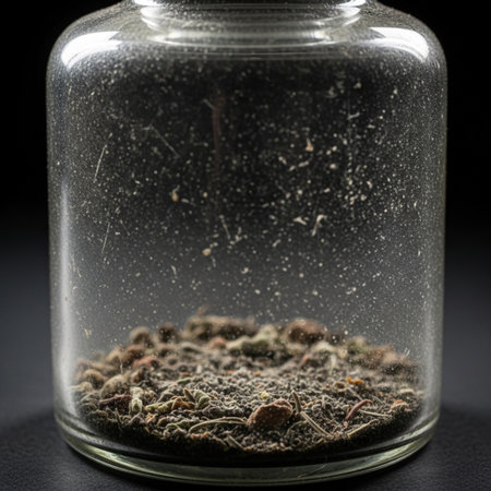 Macro, low angle cinematic photograph of a dusty, sealed antique glass jar containing only the pulveの素材