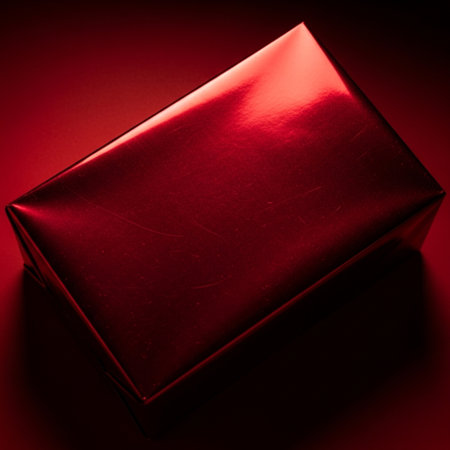 Editorial, cinematic top-down view of a closed rectangular gift box wrapped in brilliant, highly refの素材