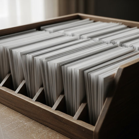Wide angle, editorial photograph of a classic, weathered wooden desk organizer holding a full supplyの素材