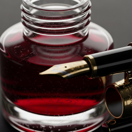 An atmospheric, cinematic extreme macro photograph showcasing a small bottle of fine, jewel-toned deの素材