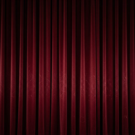 Dramatic high angle, top-down view of a thick, closed burgundy velvet curtain. The heavy fabric, renの素材