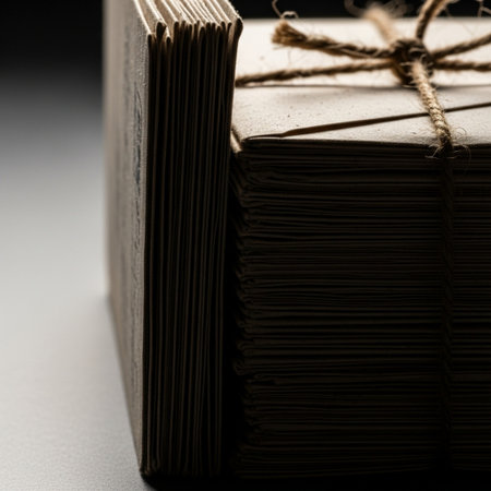 Editorial image depicting a tightly bound stack of very old, pre-1900 American correspondence. The sの素材