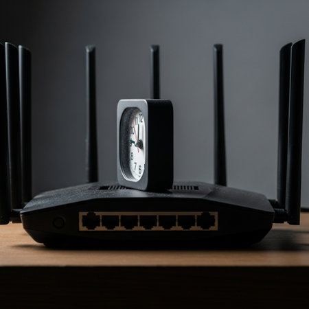Wireless router on a wooden table in a dark room. Dark background.の素材