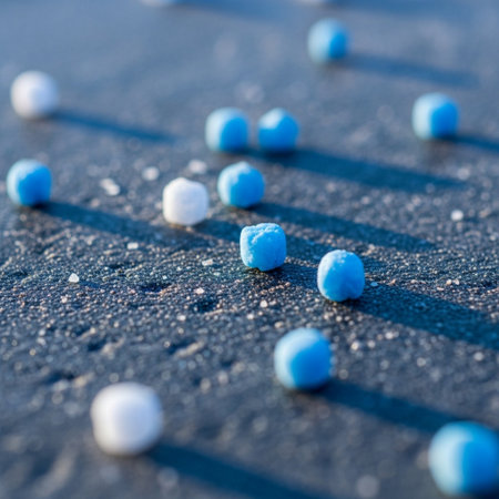 An extreme close-up macro shot of coarse rock salt or de-icing pellets scattered over a frozen concrの素材