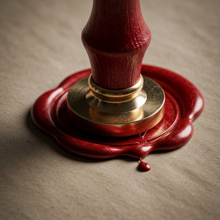 A highly detailed, cinematic shot featuring a brass sealing stamp pressed into bright red sealing waの素材