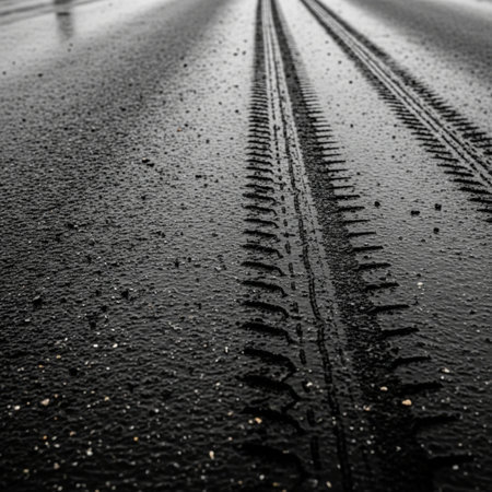 Car tire tracks on a wet asphalt road, black and white photoの素材