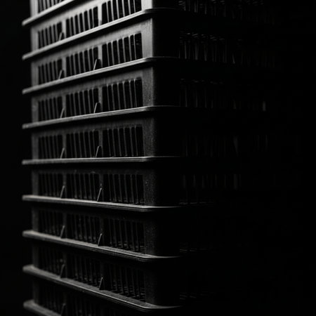 High-contrast, raw, close-up shot capturing the side profile silhouette of stackable, reusable standの素材