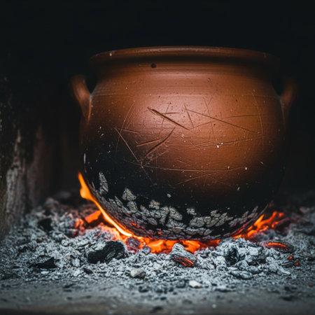 Clay pot on the fire in a wood oven. Toned.の素材