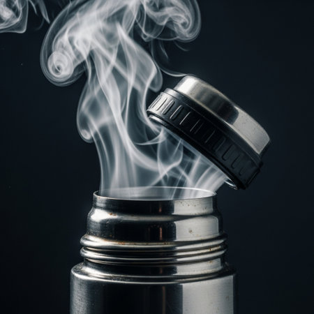 Editorial close-up captured with a dramatic Dutch angle, featuring an antique metal thermos emittingの素材