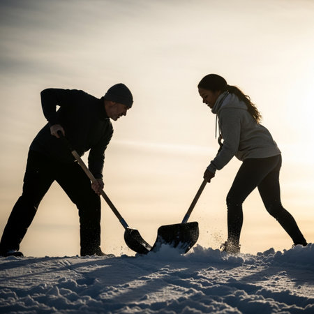 A powerful side profile silhouette captured during the golden hour, showing two neighbors actively cの素材