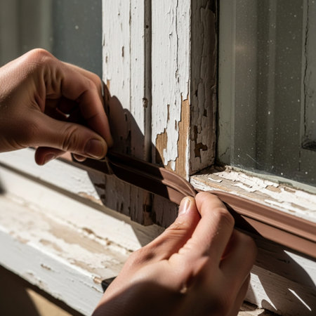 Close-up, high-detail shot of human hands applying self-adhesive weatherstripping material along theの素材