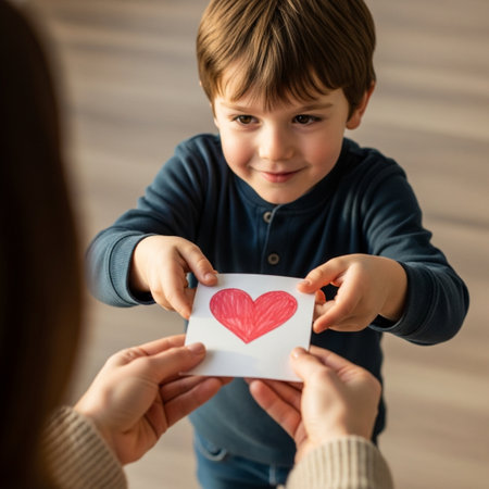 High angle top-down cinematic photograph showing a young boy handing a homemade valentine to his motの素材
