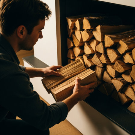 An intimate, over-the-shoulder cinematic view of a person meticulously stacking prepared firewood loの素材