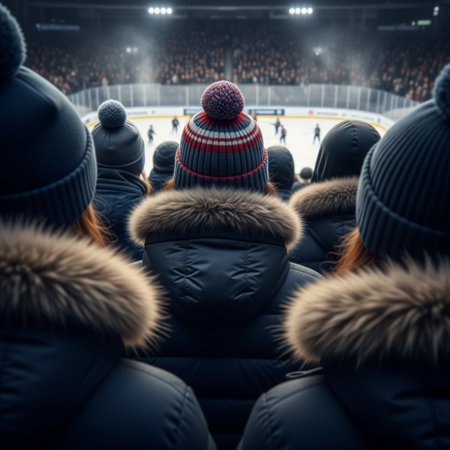 Fans bundled in parkas watching an outdoor hockey game from the stands. Over-the-shoulder POV, cinemの素材