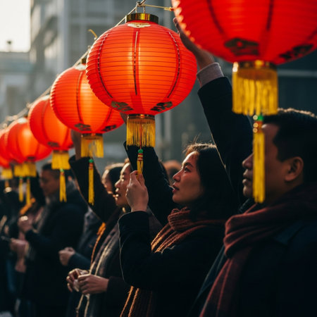 A side profile silhouette image capturing a group of people collaboratively hanging glowing red lantの素材