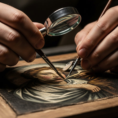 A cinematic, extreme detail shot using a Dutch angle, focusing on a conservator's hands performing dの素材