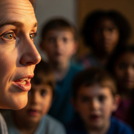 An extreme close-up macro photograph, capturing the emotional intensity of a storyteller in a publicの素材