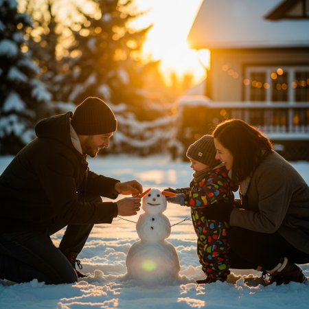 A father and mother kneel in the snow, leaning close to their young child who is carefully placing aの素材