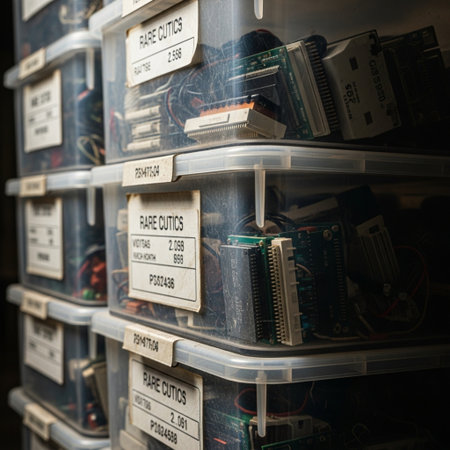 A gritty, cinematic Dutch-angled close-up of clear plastic inventory bins holding specialized, high-の素材