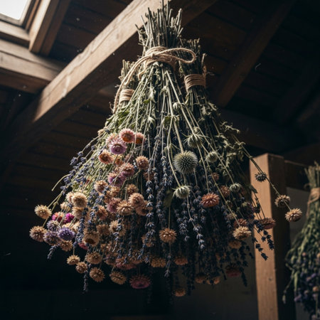Authentic, cinematic image capturing a dense cluster of naturally harvested and dried flowers hanginの素材
