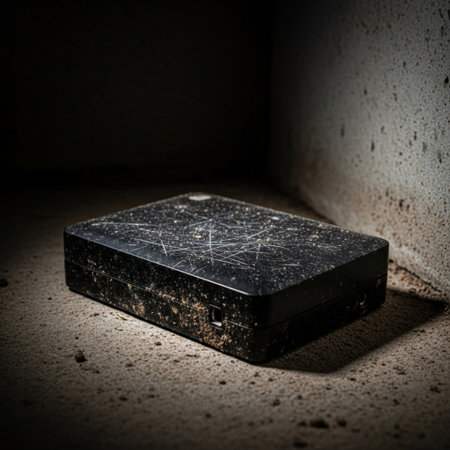 A wide-angle cinematic photograph capturing a forgotten and heavily damaged external hard drive restの素材