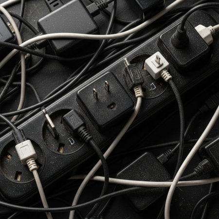 High-angle, top-down macro view of an authentic, messy charging station power strip completely overwの素材