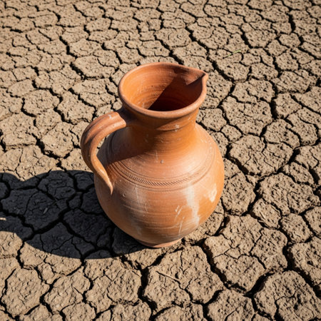 An authentic, high-value, cinematic stock photograph depicting a traditional unglazed clay water vesの素材