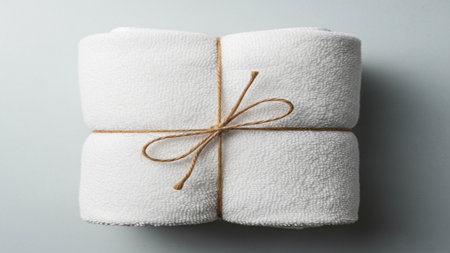 High angle, top-down view of a stack of thick white bath towels tied with natural twine, emphasizingの素材