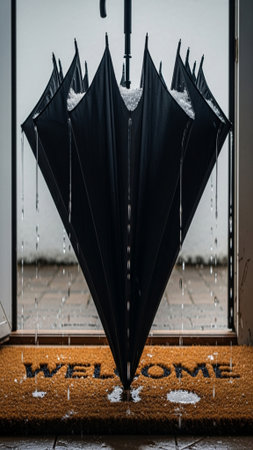 Cinematic, low-angle, vertical photograph of an open, dark umbrella standing on a rough coir welcomeの素材