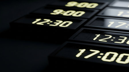 A visually dramatic, extreme close-up macro photograph showing several digital clocks arranged to suの素材