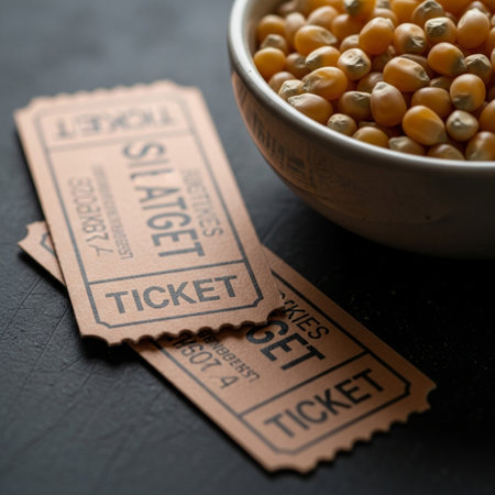 Editorial, high-detail macro photograph featuring a pair of old-fashioned paper movie tickets positiの素材