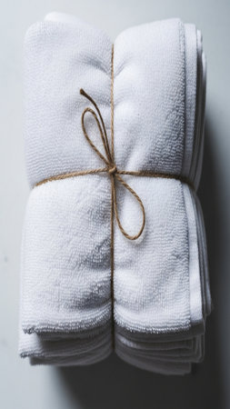High angle top-down (flatlay) photograph of a stack of clean, soft, white bath towels tied with rustの素材