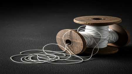Wide angle cinematic shot of a simple, scratched wooden bobbin with a half-unwound, loosely tangledの素材