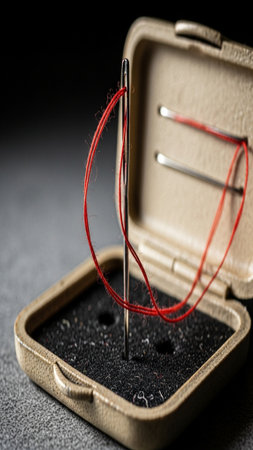 An open, small sewing kit captured in a dramatic Dutch angle, emphasizing a needle threaded with vibの素材