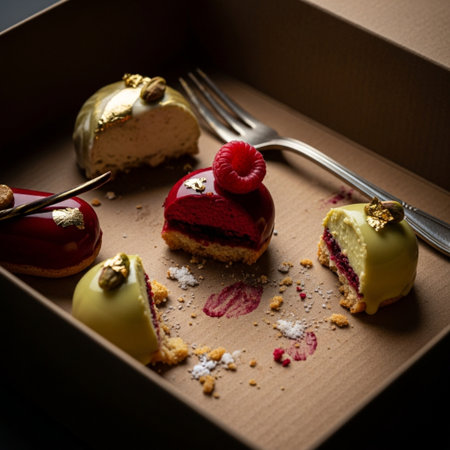 Close-up, low-angle editorial photograph of a partially consumed assortment of high-end, artisan petの素材