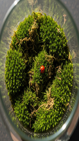 An intimate, vertically framed, high-angle flatlay of a tiny glass terrarium containing a miniatureの素材