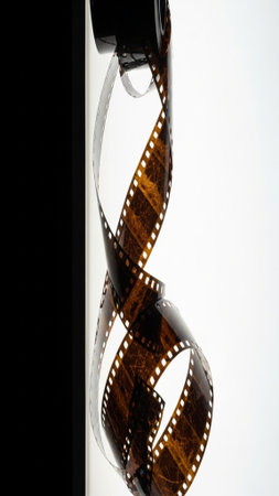 A dramatic, vertical composition (tall framing) capturing a roll of unspooled 35mm photographic negaの素材