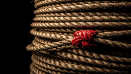 Close-up, editorial image of a thick, dark brown nautical rope tangled haphazardly, contrasting sharの素材