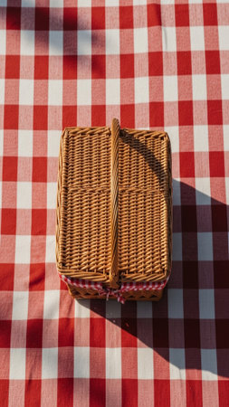 A high-angle top-down flatlay of a classic, closed wicker picnic basket placed on a vibrant red andの素材