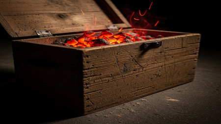 Editorial image of an old, simple wooden chest angled dramatically (Dutch angle), partially filled wの素材