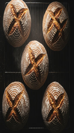 A cinematic, top-down editorial image featuring several plain, crusty artisan bread loaves cooling oの素材