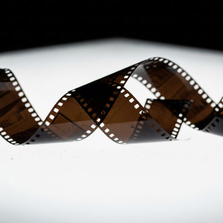 Editorial close-up photograph featuring a strip of 35mm photographic negative film unspooling and reの素材