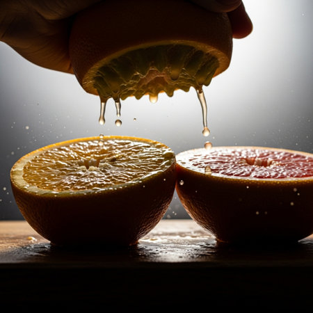 A high-contrast, cinematic image depicting the process of freshly squeezing vibrant oranges and grapの素材