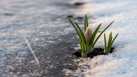 A symbolic extreme macro photograph capturing the resilience and contrast of early spring. Fresh, hiの素材