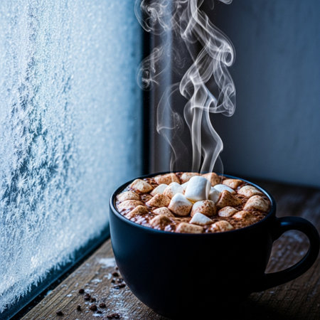 Editorial close-up showcasing a cozy winter setting. A steaming mug of rich hot chocolate, topped wiの素材