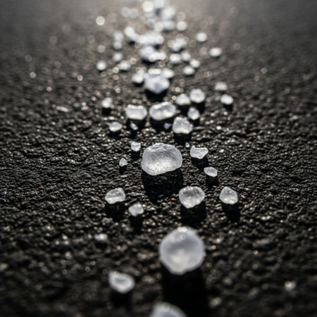 An extreme macro shot capturing rock salt (sodium chloride) granules spread thinly over cold, roughの素材