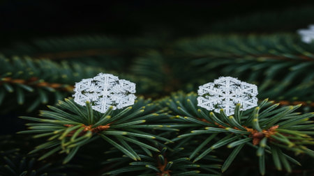 Extreme macro low angle shot of perfect hexagonal snowflakes balanced precariously on dark emerald eの素材