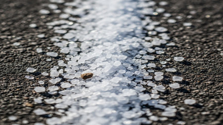 Close-up of road salt granules scattered on cold asphalt. Cinematic side profile silhouette shot empの素材